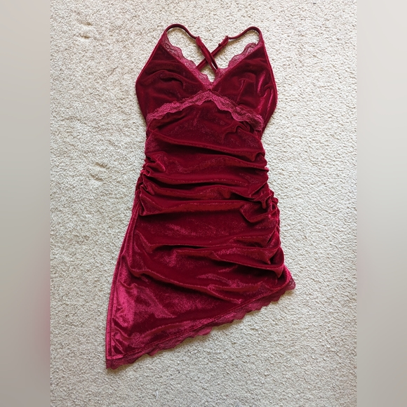 Red Velvet Lace Trim Mini Dress - Picture 2 of 6